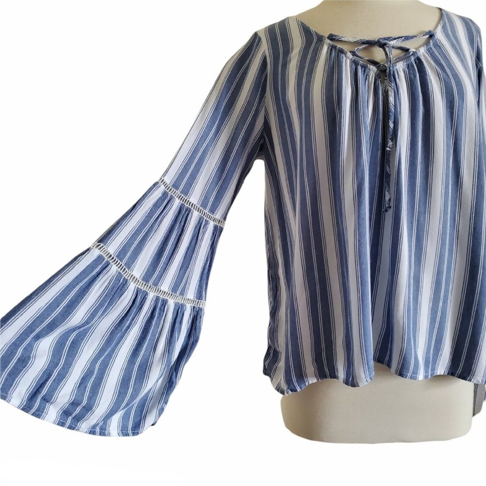 Hollister Womens Stripe Tie Front Bohemian Long Bell Sleeve Tunic Top Size L - Picture 2 of 6